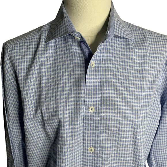 Bugatchi Shaped Fit Button Up Shirt L Blue White Checkered Long Sleeve Cotton - Picture 2 of 6